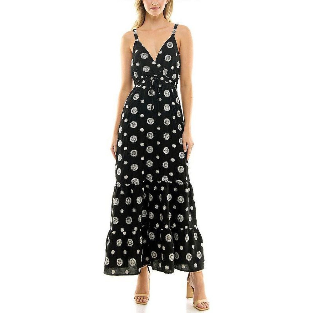 Speechless Womens Black Embroidered Boho Tiered Maxi Dress Western Faux Wrap M